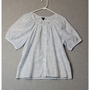 Ann Taylor Cotton Beach Blue Floral Puff Sleeve Gathered Neck Button Up Small